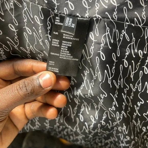 Karl Lagerfeld Black & Gold Tweed Detail Front Zip Puffer Jacket size XL - Picture 6 of 6